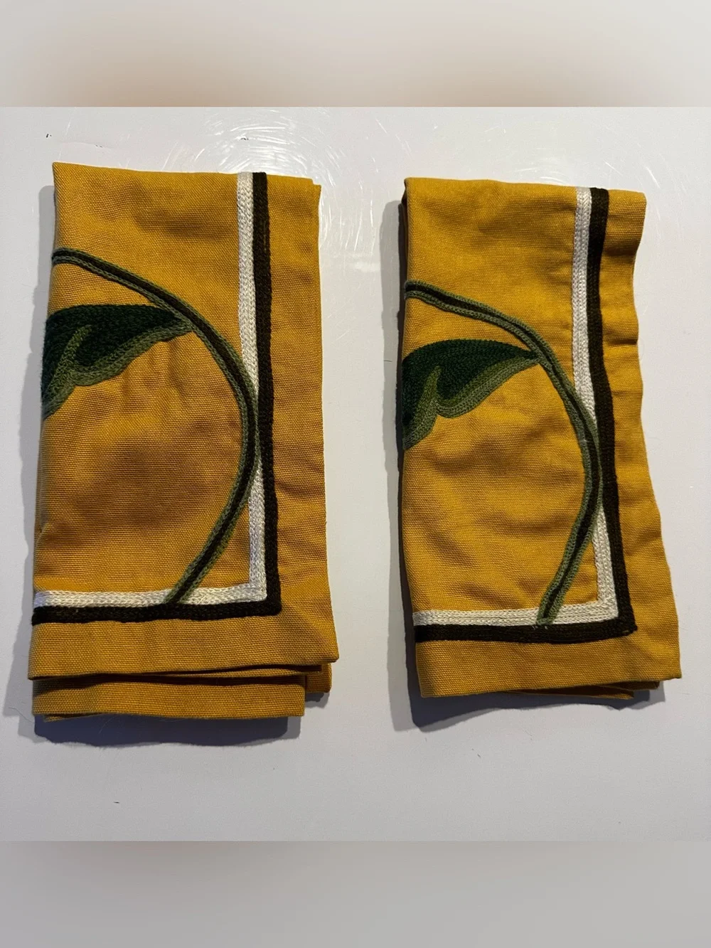 Williams Sonoma Crewl Embroidered Mustard Floral Napkins Set Of 2 NWOT Dinner